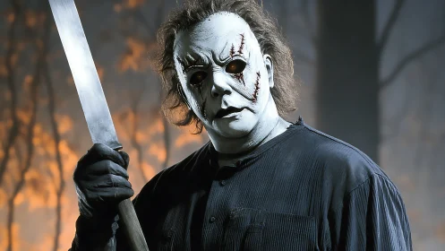 Masked slasher holding blade in eerie forest dusk.