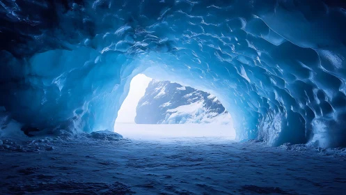 Glowing blue ice cave opening onto a peaceful snowy world.