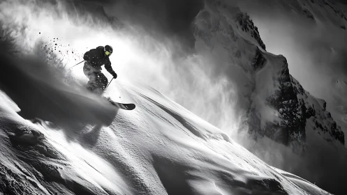 Powder phantom carves silver arcs through stormlit cliffs