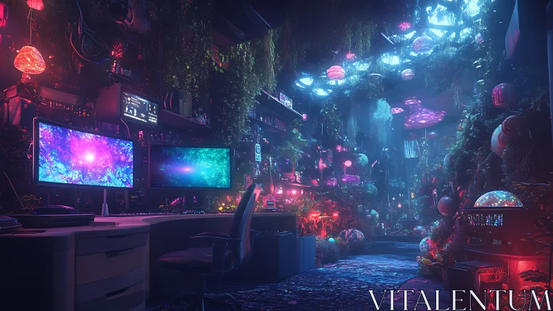 Cyberpunk bioluminescent workstation in neon garden cathedral.