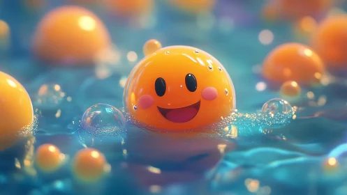 Cheerful bubble buddy surfing a candy-colored smile tide.