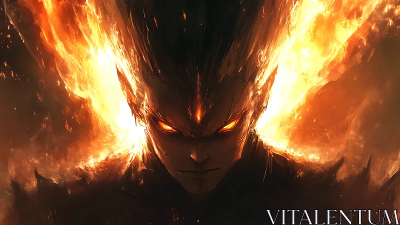 Fiery demonic warrior portrait with blazing inferno eyes.