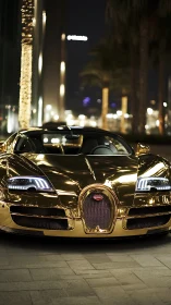 Chromed gold hypercar frontal view under nocturnal city lights.