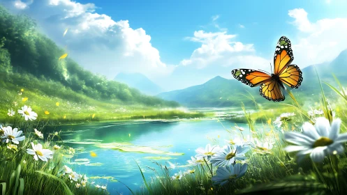 Monarch butterfly over bright wildflower lakeside meadow.