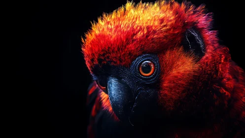 Vibrant Close-Up Portrait of Red Parrot in Dramatic Lighting.