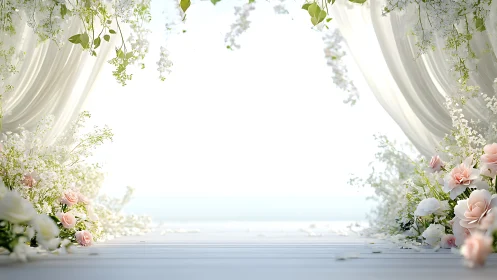Seaside wedding arch frames ethereal white floral composition