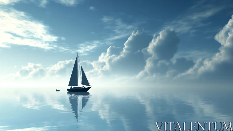 Sailboat on calm reflective sea under bright blue sky.