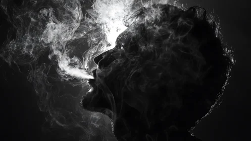 Side profile silhouette of person exhaling dense swirling smoke.