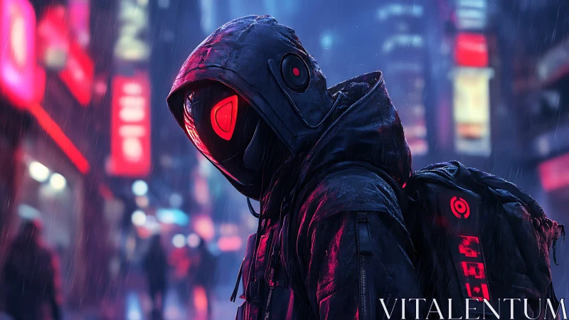 Cyberpunk hooded figure in neon rain-soaked city street.