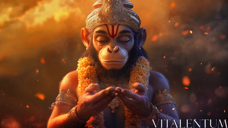 Simian deity figure in ornate attire amid glowing embers.