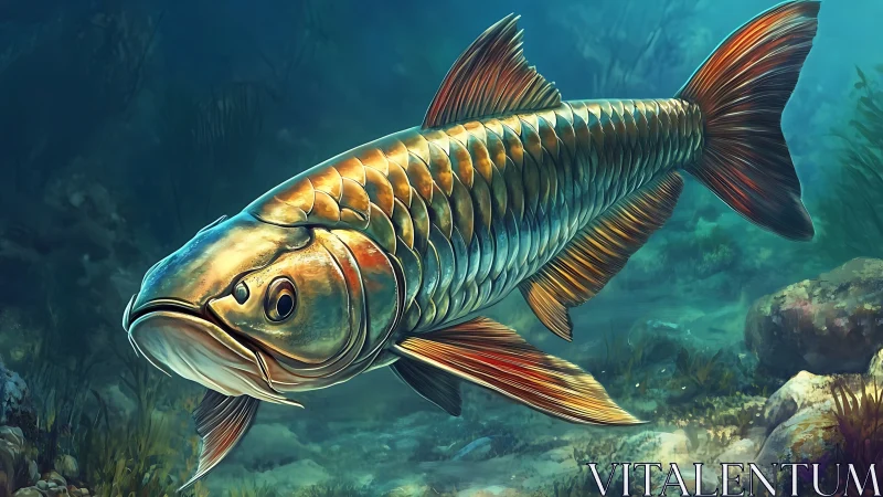 Golden-scaled arowana swims through luminous reef waters.