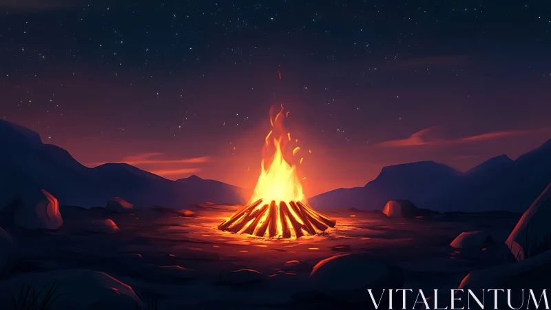 Towering Campfire Burns Under Starlit Desert Sky.
