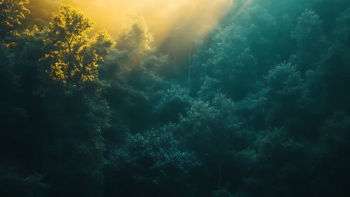 Dense forest canopy aerial view with golden hour backlighting and atmospheric perspective