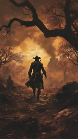 Lone cloaked figure walks toward distant castle at sunset