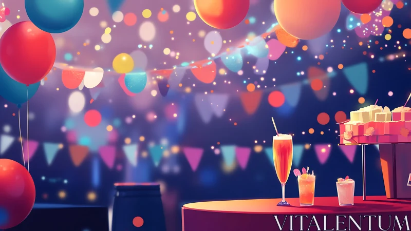 Vibrant Party Scene with Celebratory Balloons and Festive Beverages.