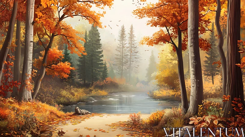 Autumn forest landscape with river running through woodland terrain.