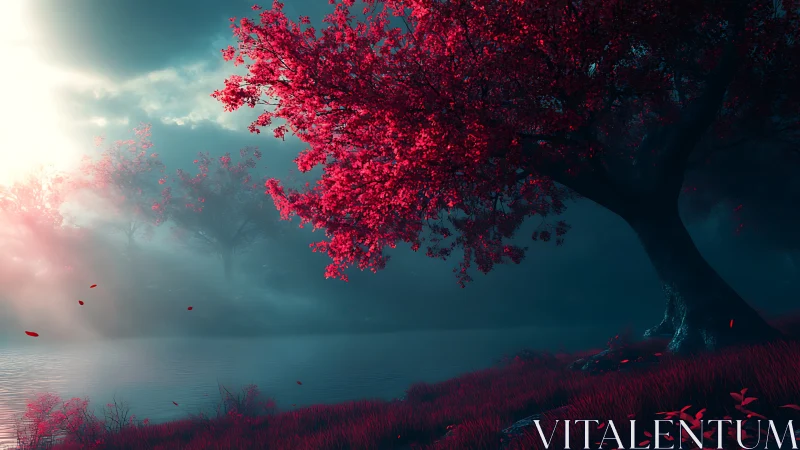 Red tree beside misty lake under dramatic blue light.