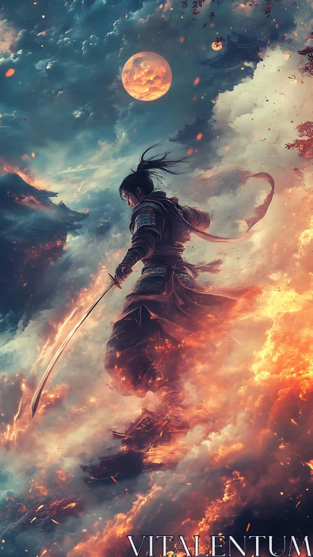 Samurai silhouette stands amid luminous clouds and burning sky