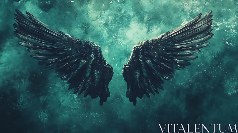 Digital painting of dark angel wings on teal textured void.