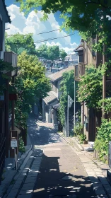 Quiet sunlit lane where leaves gossip over wooden roofs.