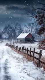 Snow-dusted country lane leading home to a quiet winter barn.