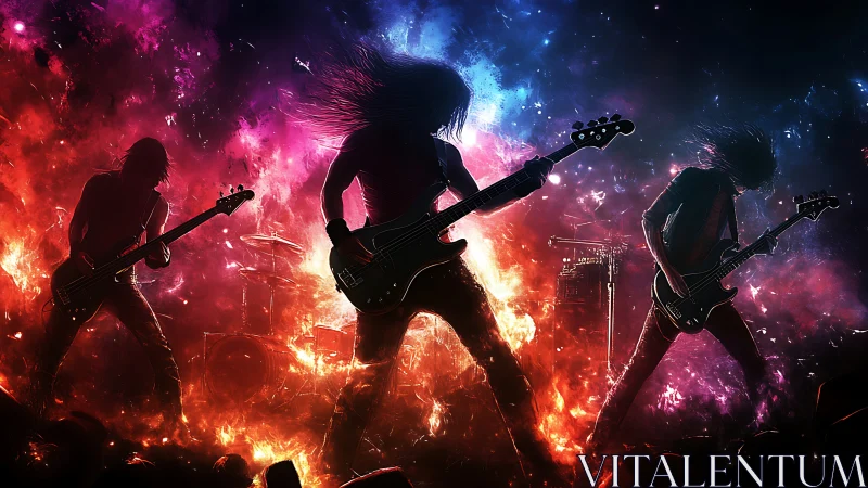 Rock band silhouettes on stage amid fire and nebula light.