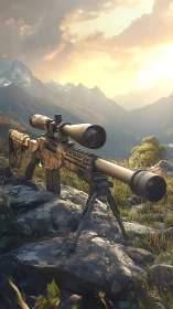 Precision rifle with dual scopes positioned on rocky outcrop against alpine mountain landscape.