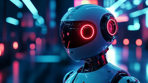 Neon-eyed robot dreamer wandering a midnight data corridor.