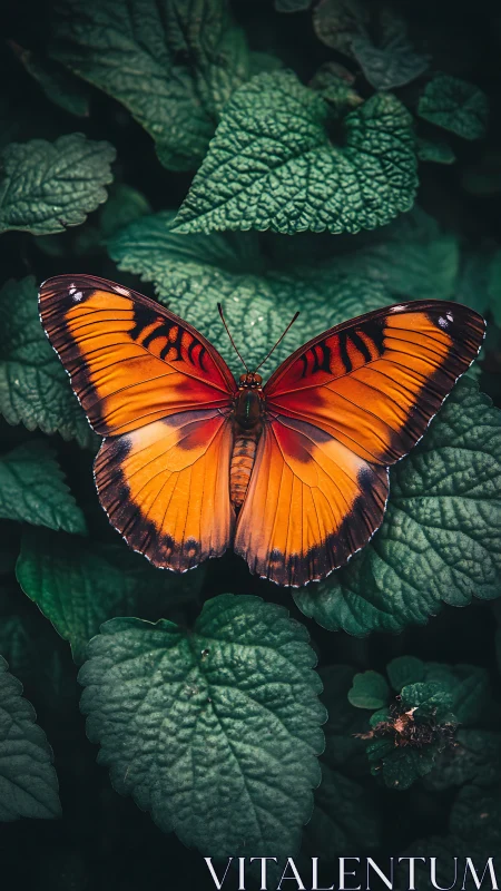 Warm orange butterfly resting gently on deep green leaves.