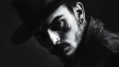 Moody portrait of a tattooed man in dramatic shadows.