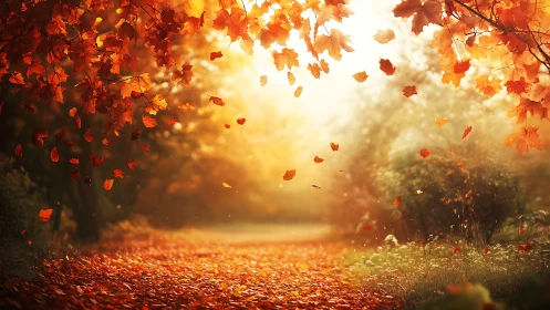 Golden autumn path aglow with drifting amber leaves.