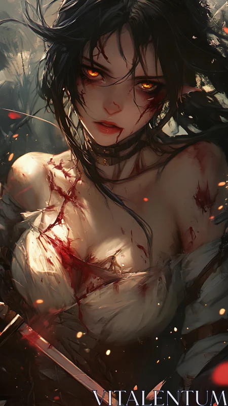 Bloodstained female warrior with glowing eyes holds weapon