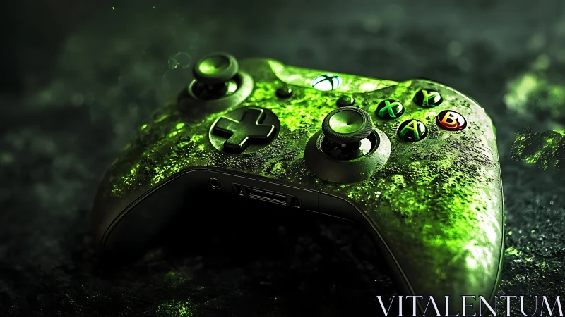 Glowing green game controller rests in a dark cinematic mist