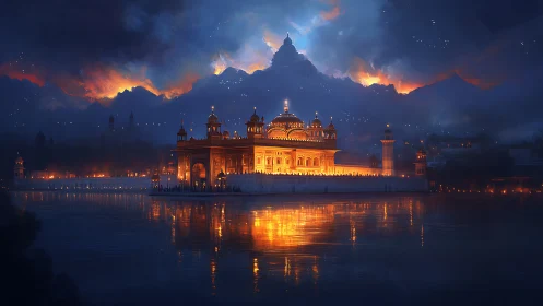 Luminous lakeside temple glows against storm-lit twilight sky