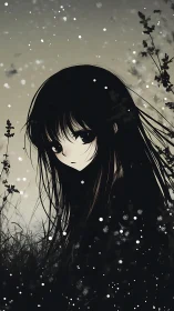 Melancholic anime girl in dark field with drifting snow.
