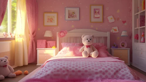 Soft pink girls bedroom glows with plush toys at sunrise