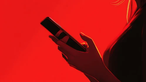 Crimson glow around quiet hands scrolling through a phone.