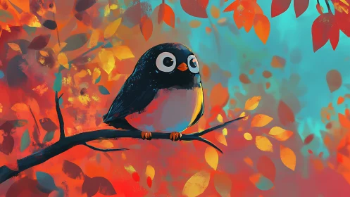 Cute Cartoon Bird on Branch Amid Colorful Autumn Leaves Painting.
