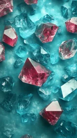 Crystalline dance of cyan shards and faceted ruby prisms.