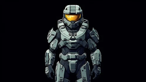 Armored sci fi soldier in full combat exosuit front view.