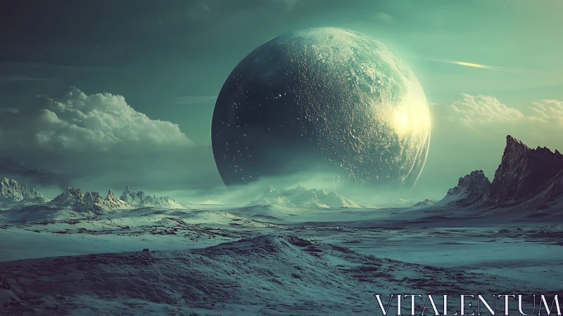 Frozen alien landscape under massive hovering planet.