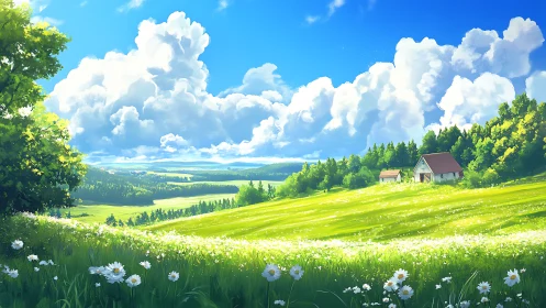 Digital painting landscape with luminous meadow perspective.
