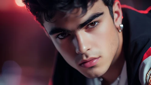 Close male face under red light with shallow depth of field.