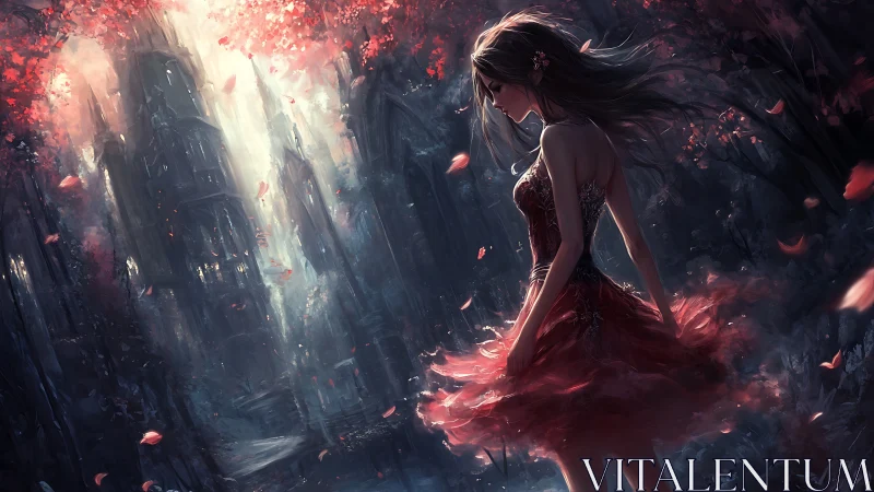 Woman in red dress stands near dark cathedral in forest