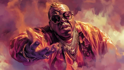 Bold hip hop portrait with outstretched hand and chains.