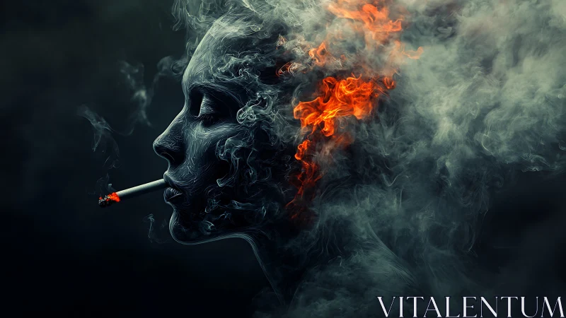 Smoldering smoke-face drifts into firelit oblivion.