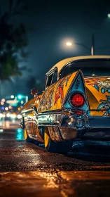 Custom lowrider tailfin glows against neon-soaked city street