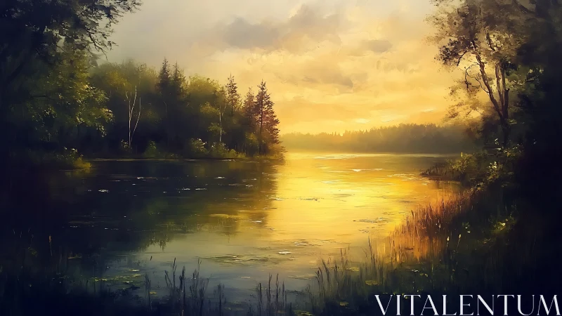 Golden hush over a forest lake at the edge of evening.