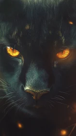 Black Cat with Glowing Amber Eyes in Darkness.