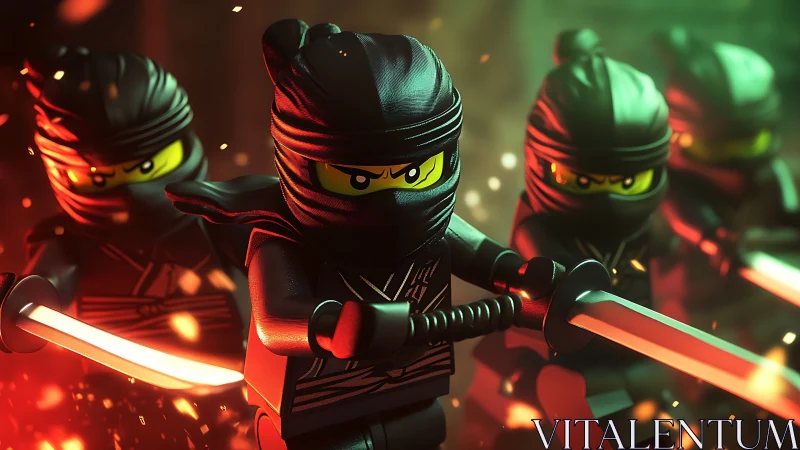 Lego ninjas charge forward with glowing katanas in battle.